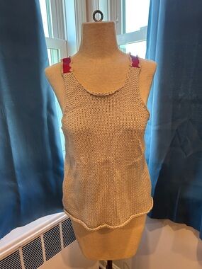 Cream Knit Tank with Pink Strap Detail
